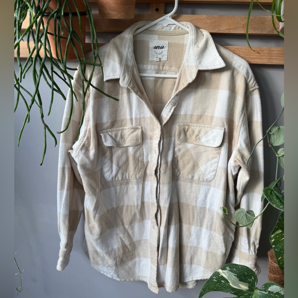 Aerie Cream and White Checkered Shirt